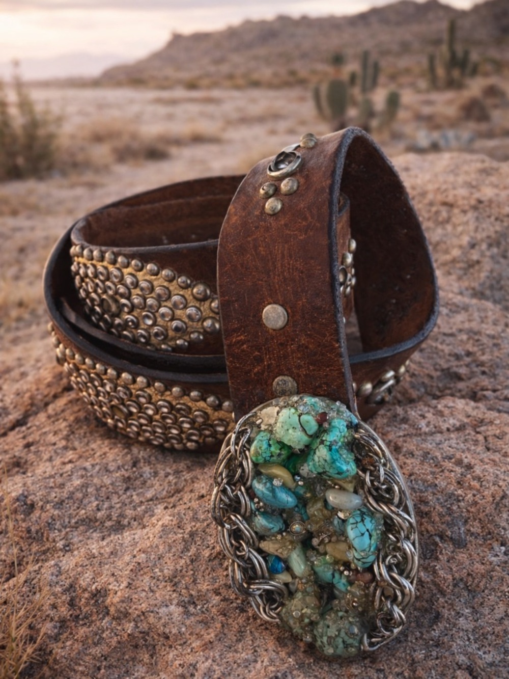 Tiffany Lee Designs OOAK Y2K Turquoise Buckle Leather Belt Boho